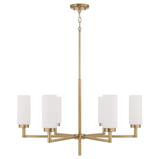 Capital 6-Light Cylindrical Chandelier in Aged Brass with Faux Alabaster Glass