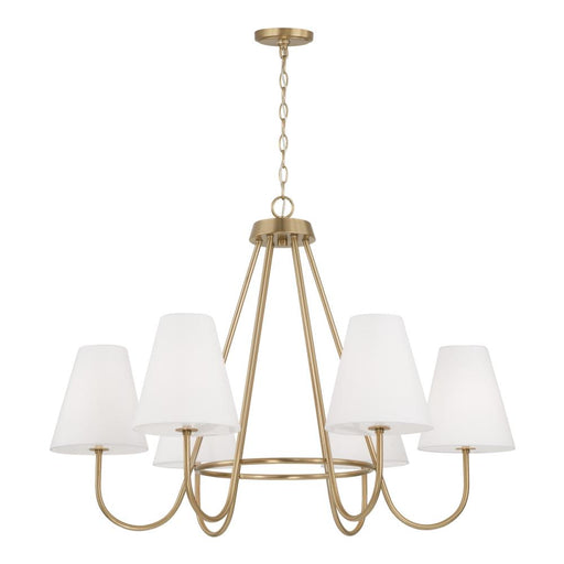 Capital 6-Light Chandelier in Matte Brass with Tapered White Fabric Shades and Glass Diffusers