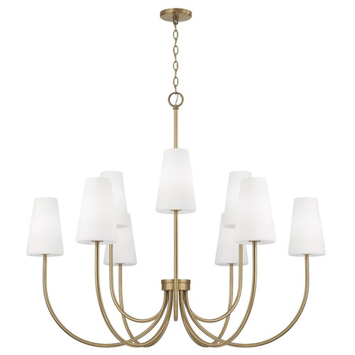 9-light Two-tier Chandelier In Aged Brass With Tapered Soft White Glass | 455291AD-550