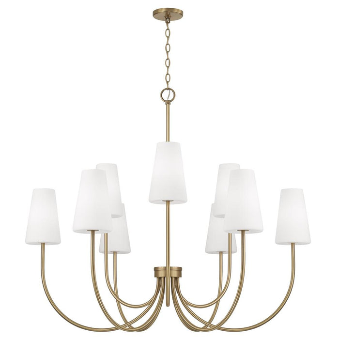 9-light Two-tier Chandelier In Aged Brass With Tapered Soft White Glass | 455291AD-550
