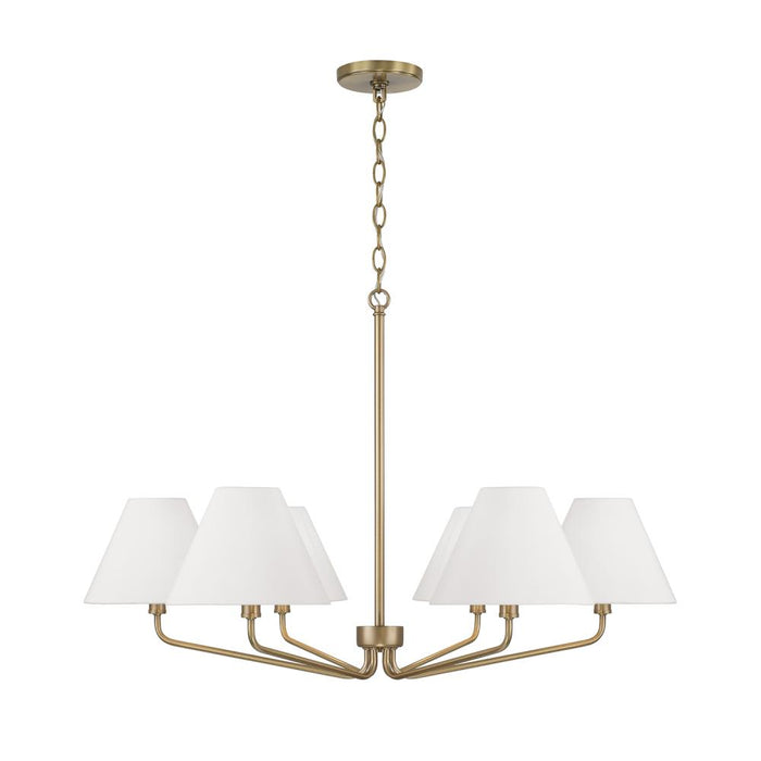 6-light Angular Chandelier In Aged Brass With Tapered White Fabric Shades | 456661AD-714
