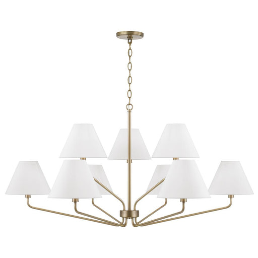9-light Angular Two-tier Chandelier In Aged Brass With Tapered White Fabric Shades | 456691AD-714