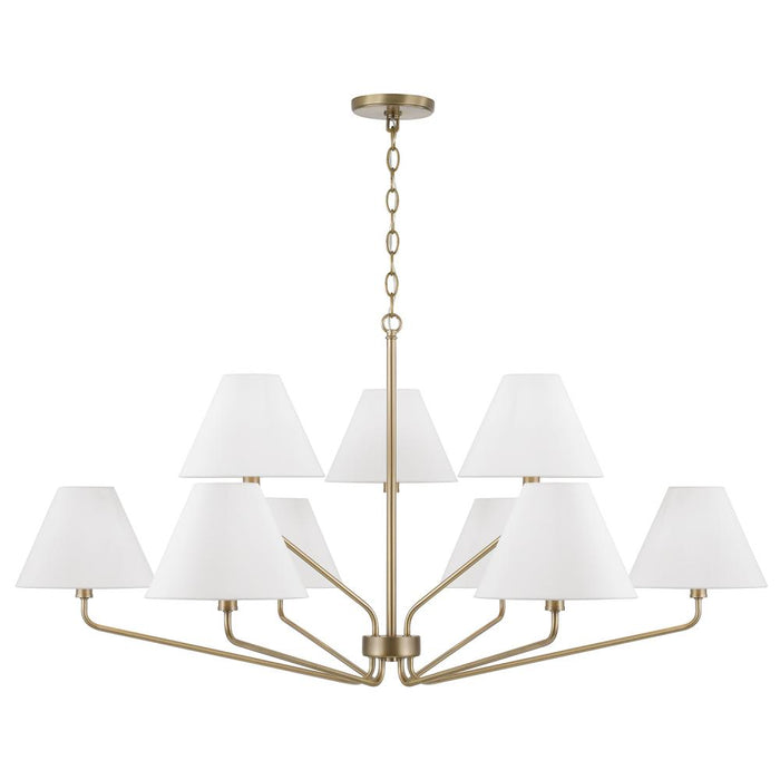 9-light Angular Two-tier Chandelier In Aged Brass With Tapered White Fabric Shades | 456691AD-714