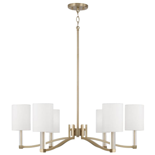 6-light Chandelier In Matte Brass With Clear Acrylic Accents And Cylindrical White Fabric Shades | 457061MA-715