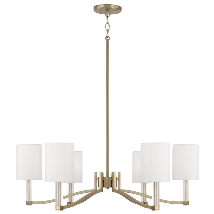 6-light Chandelier In Matte Brass With Clear Acrylic Accents And Cylindrical White Fabric Shades | 457061MA-715