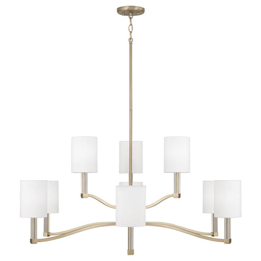  9 Light  Two-tier Chandelier In Matte Brass W/ Clear Acrylic Accents And Cylindrical White Fabric Shades | 457091MA-715