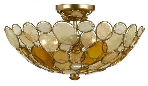 Crystorama Eight Light Antique Gold Leaf Earth Tone Resin Leaves + Hand Cut Crystal Glass Bowl Semi-Flush Mount