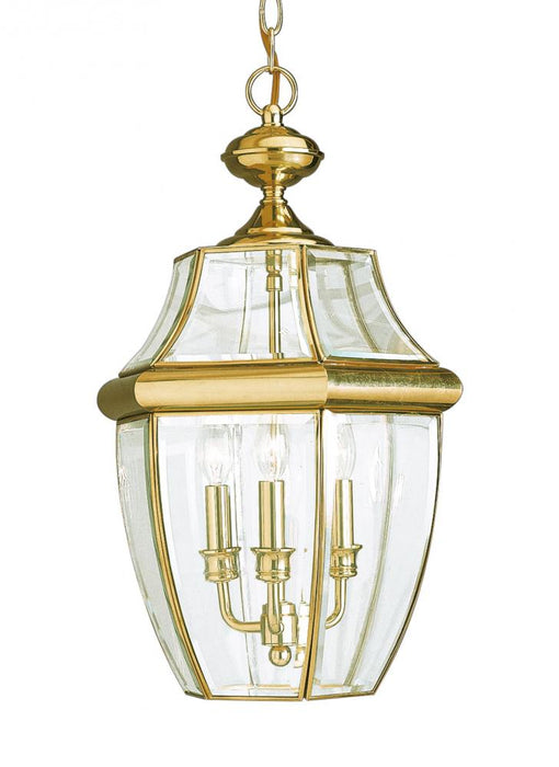 Generation Lighting Lancaster traditional 3-light outdoor exterior pendant in polished brass gold finish with clear curv | 1511772