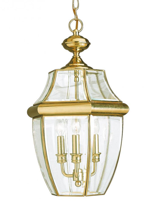 Generation Lighting Lancaster traditional 3-light outdoor exterior pendant in polished brass gold finish with clear curv