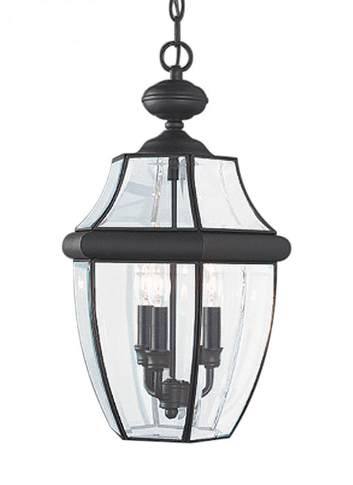 Generation Lighting Lancaster traditional 3-light outdoor exterior pendant in black finish with clear curved beveled gla