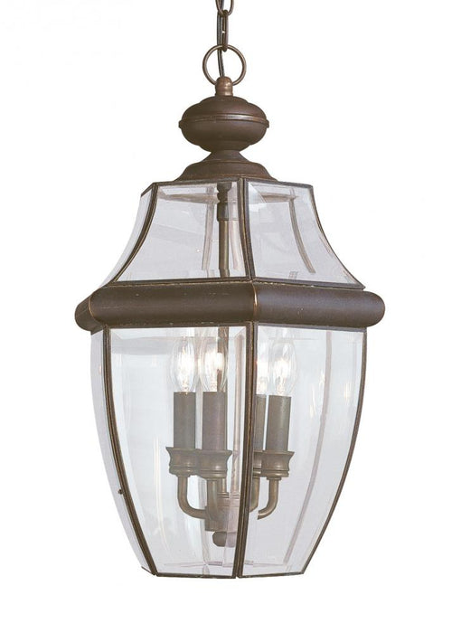 Generation Lighting Lancaster traditional 3-light outdoor exterior pendant in antique bronze finish with clear curved be