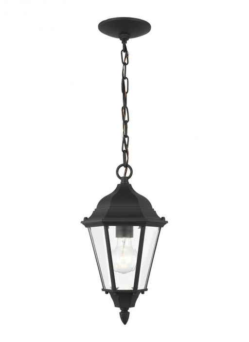 Generation Lighting Bakersville traditional 1-light outdoor exterior pendant in black finish with clear beveled glass pa