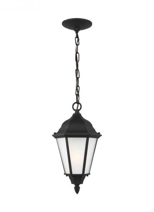 Generation Lighting Bakersville traditional 1-light outdoor exterior pendant in black finish with satin etched glass pan