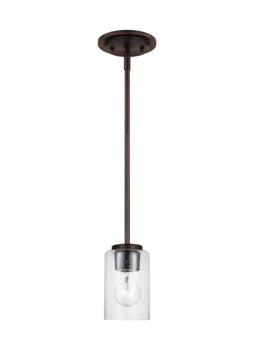 Generation Lighting Oslo indoor dimmable 1-light mini pendant in a bronze finish with a clear seeded glass shade