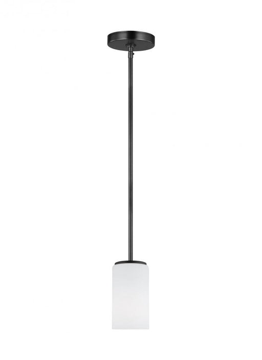 Generation Lighting Alturas indoor dimmable 1-light mini pendant in a midnight black finish and etched white glass shade