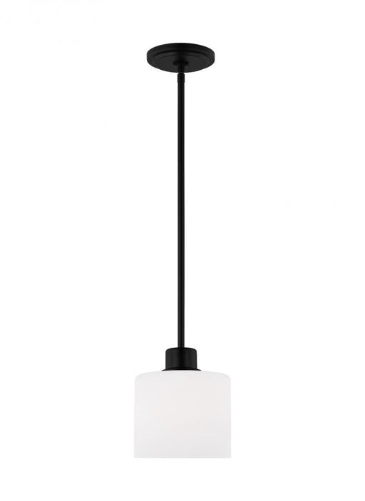Generation Lighting Canfield indoor dimmable 1-light mini pendant in a midnight black finish with white etched glass dif