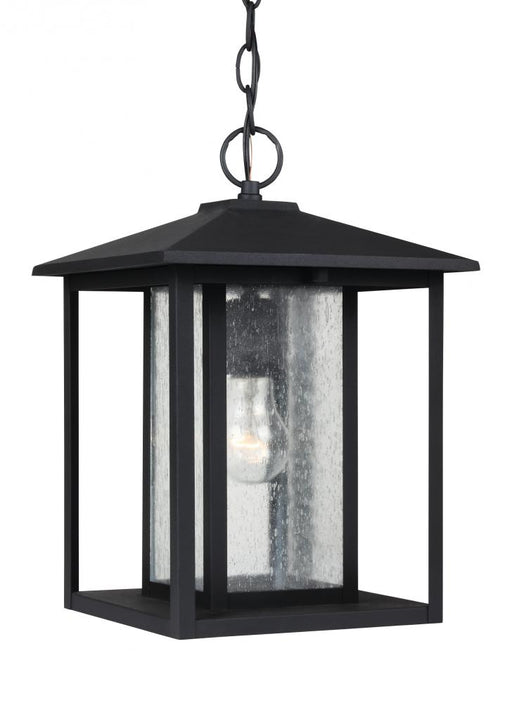 Generation Lighting Hunnington contemporary 1-light outdoor exterior pendant in black finish with clear seeded glass pan
