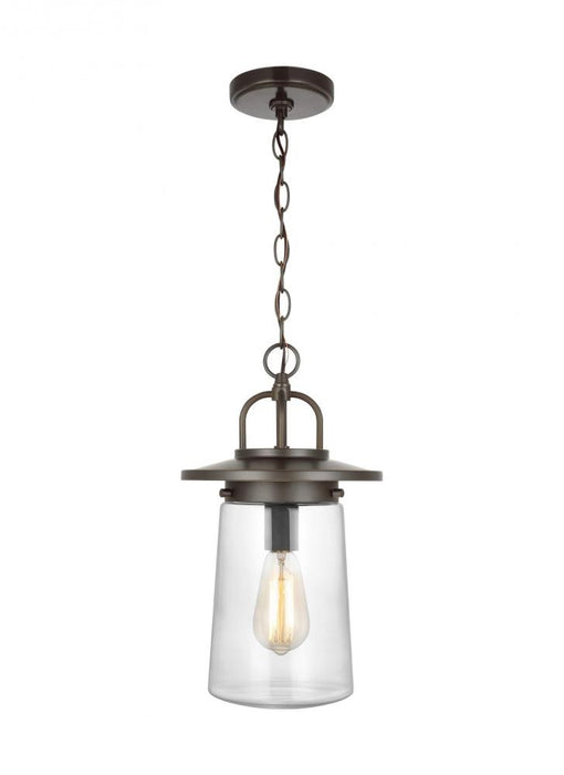 Generation Lighting Tybee casual 1-light LED outdoor exterior ceiling hanging pendant in antique bronze finish with clea