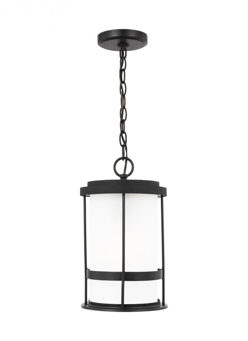 Generation Lighting Wilburn modern 1-light outdoor exterior ceiling hanging pendant lantern in black finish with satin e
