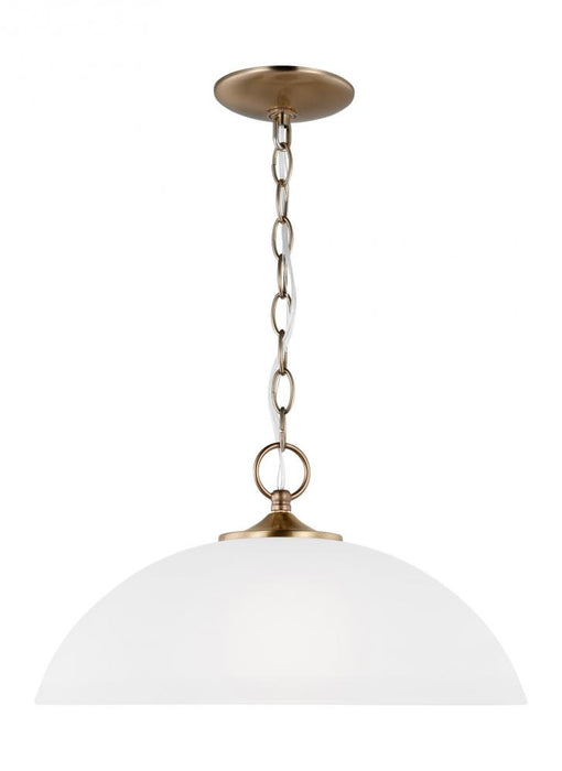 Generation Lighting Geary traditional indoor dimmable LED 1-light pendant in satin brass with a satin etched glass shade