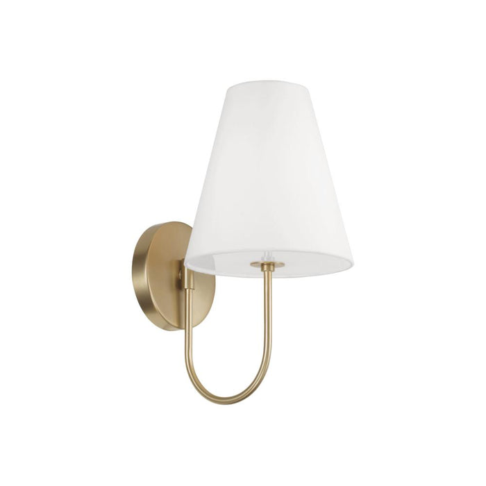 Capital 1-Light Sconce in Matte Brass with Tapered White Fabric Shade and Glass Diffuser