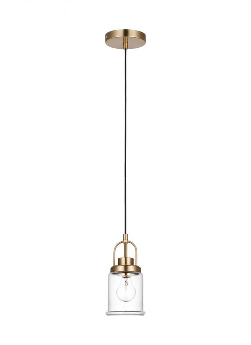 Visual Comfort & Co. Studio Collection Anders industrial 1-light indoor dimmable mini pendant in satin brass gold finish with clear glass s