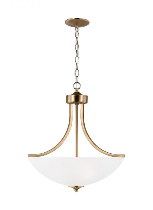 Generation Lighting Geary traditional indoor dimmable LED medium 3-light pendant in satin brass with a satin etched glas