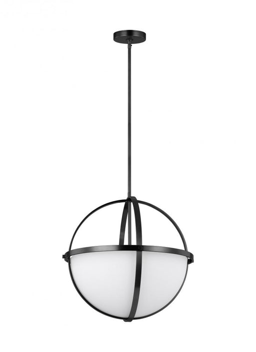 Generation Lighting Alturas indoor dimmable LED 3-light pendant in a midnight black finish and etched white glass shades