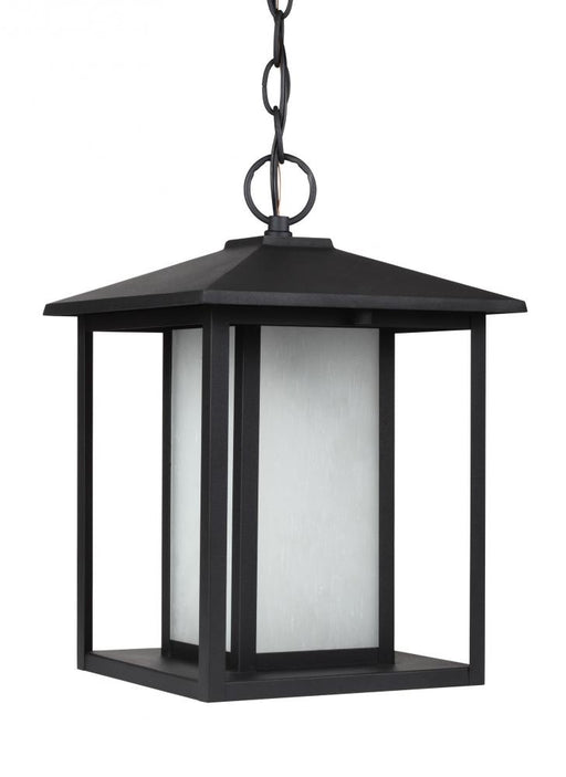 Generation Lighting Hunnington contemporary 1-light outdoor exterior pendant in black finish with etched seeded glass pa
