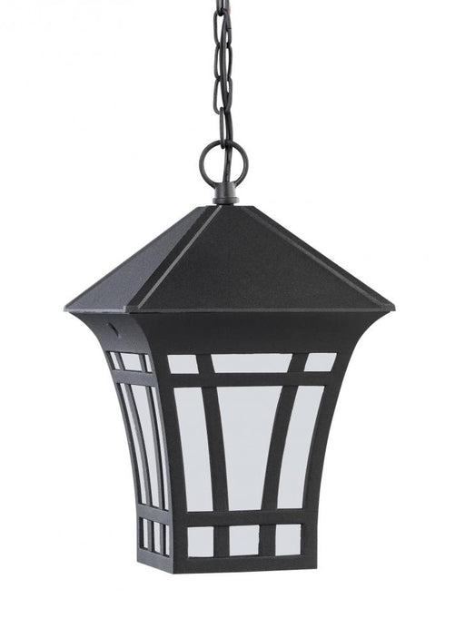 Generation Lighting Herrington transitional 1-light outdoor exterior hanging ceiling pendant in black finish with etched