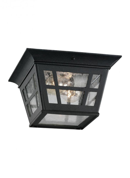 Generation Lighting Herrington transitional 2-light outdoor exterior ceiling flush mount in black finish with clear seed