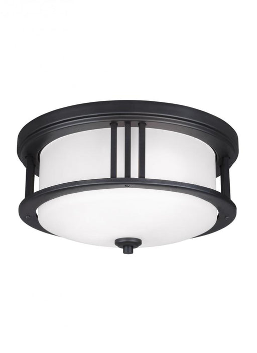 Generation Lighting Crowell contemporary 2-light outdoor exterior ceiling flush mount in black finish with satin etched