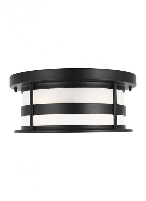 Generation Lighting Wilburn modern 2-light outdoor exterior ceiling flush mount in black finish with satin etched glass