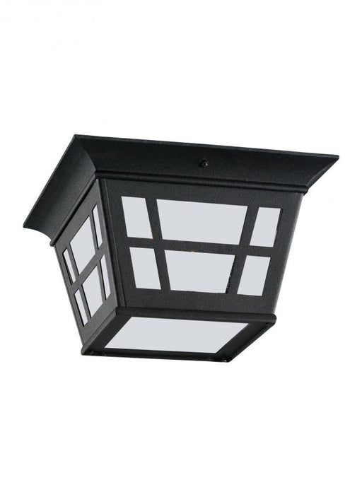 Generation Lighting Herrington transitional 2-light outdoor exterior ceiling flush mount in black finish with etched whi
