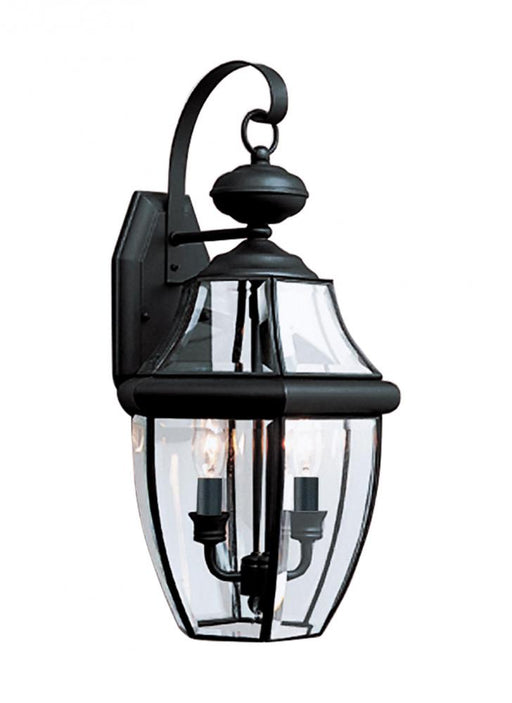 Generation Lighting Lancaster traditional 2-light outdoor exterior wall lantern sconce in black finish with clear curved