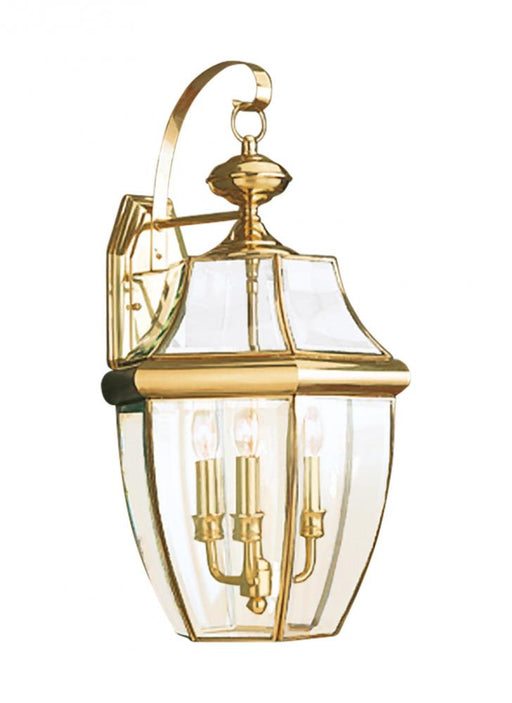 Generation Lighting Lancaster traditional 3-light outdoor exterior wall lantern sconce in polished brass gold finish wit