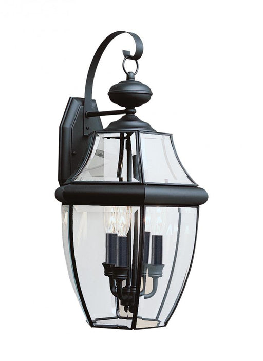 Generation Lighting Lancaster traditional 3-light outdoor exterior wall lantern sconce in black finish with clear curved