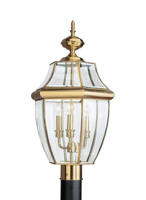 Generation Lighting Lancaster traditional 3-light outdoor exterior post lantern in polished brass gold finish with clear