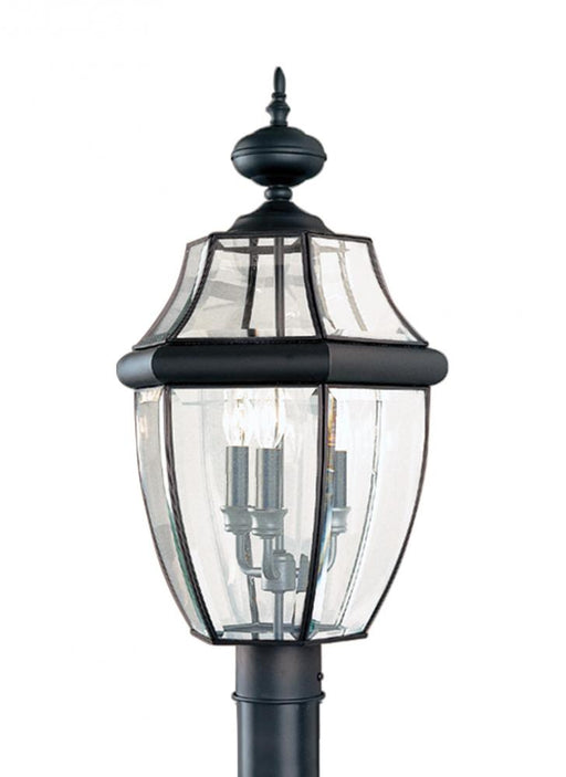 Generation Lighting Lancaster traditional 3-light outdoor exterior post lantern in black finish with clear curved bevele