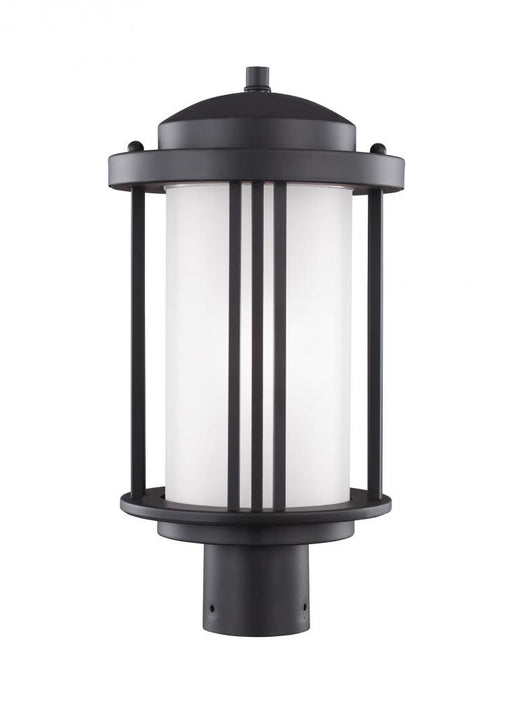 Generation Lighting Crowell contemporary 1-light outdoor exterior post lantern in black finish with satin etched glass s