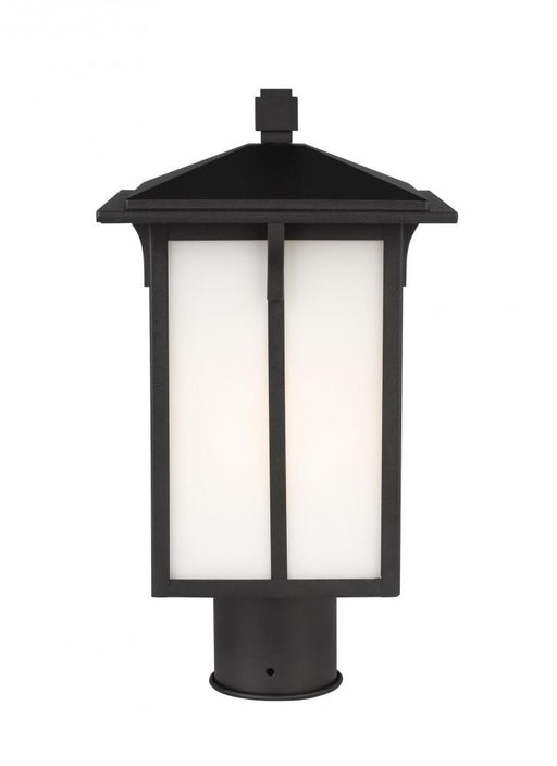 Generation Lighting Tomek modern 1-light outdoor exterior post lantern in black finish with etched white glass panels