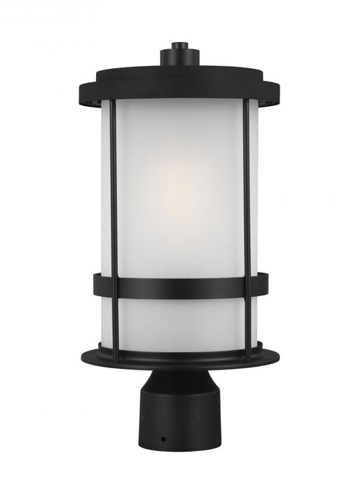 Generation Lighting Wilburn modern 1-light outdoor exterior post lantern in black finish with satin etched glass shade