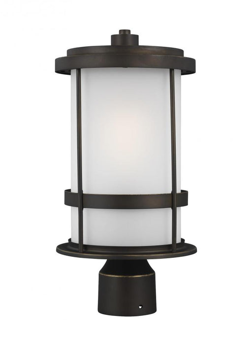 Generation Lighting Wilburn modern 1-light outdoor exterior post lantern in antique bronze finish with satin etched glas