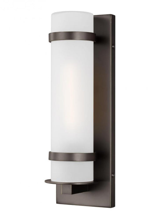 Generation Lighting Alban modern 1-light outdoor exterior small wall lantern in antique bronze with etched opal glass sh