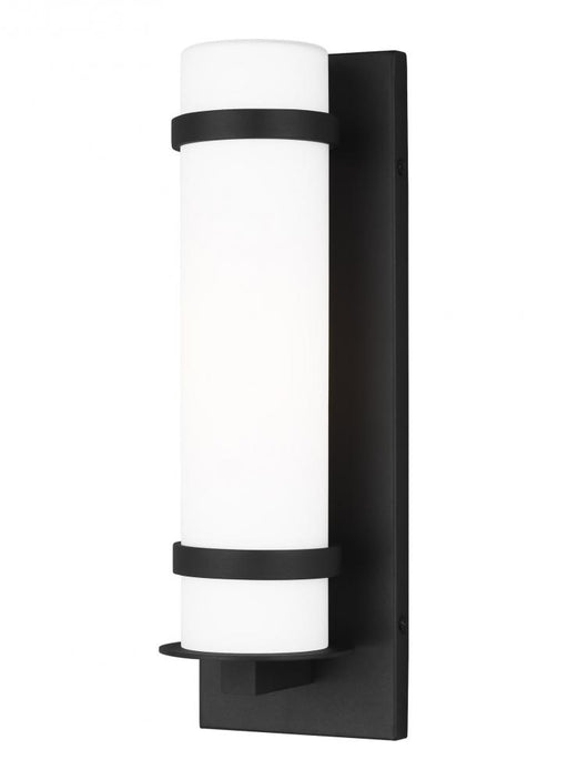 Generation Lighting Alban modern 1-light LED outdoor exterior small round wall lantern sconce in black finish with etche