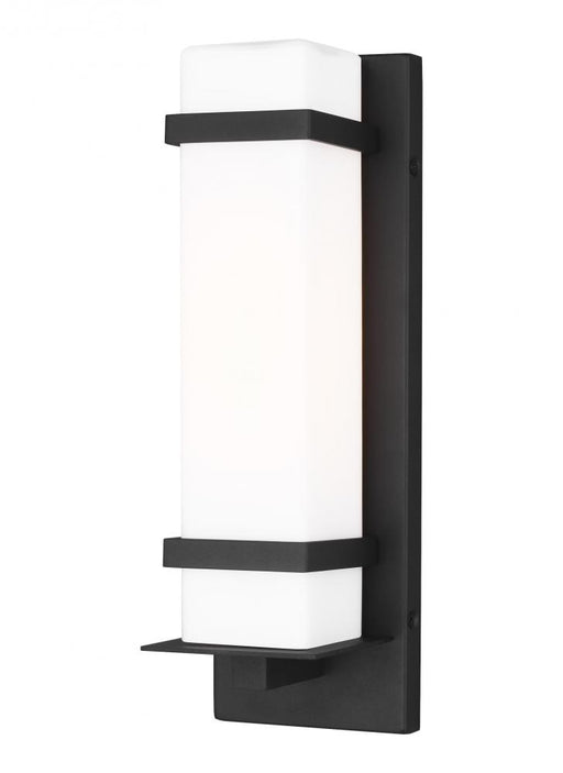 Generation Lighting Alban modern 1-light outdoor exterior small wall lantern in black finish with etched opal glass shad