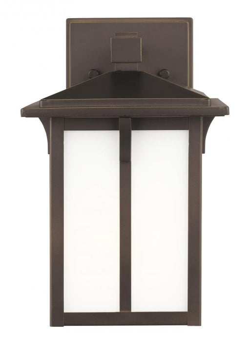 Generation Lighting Tomek modern 1-light outdoor exterior small wall lantern sconce in antique bronze finish with etched