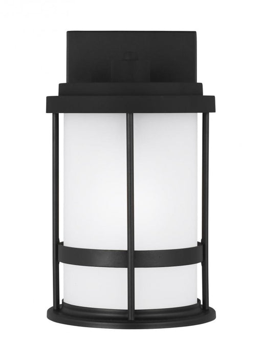 Generation Lighting Wilburn modern 1-light outdoor exterior small wall lantern sconce in black finish with satin etched