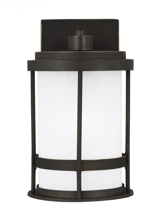 Generation Lighting Wilburn modern 1-light outdoor exterior small wall lantern sconce in antique bronze finish with sati