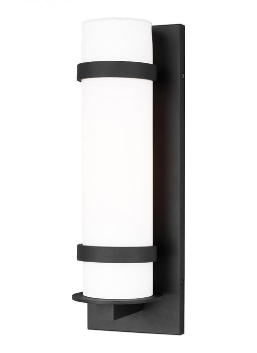 Generation Lighting Alban modern 1-light outdoor exterior medium round wall lantern in black finish with etched opal gla